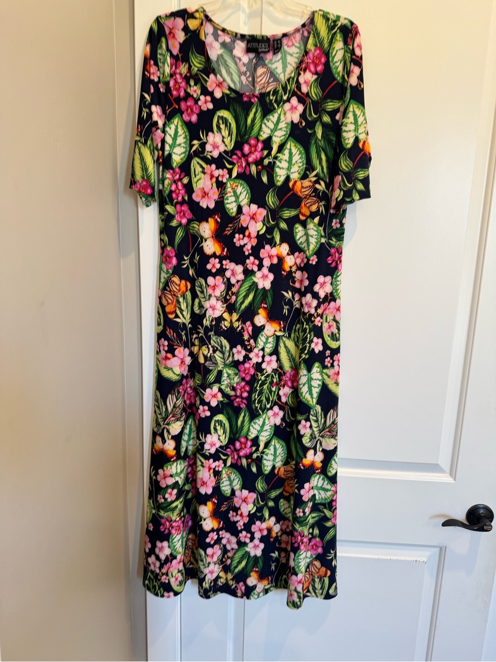 Attitudes by Renee Navy Dress with Pink & Green Floral Print